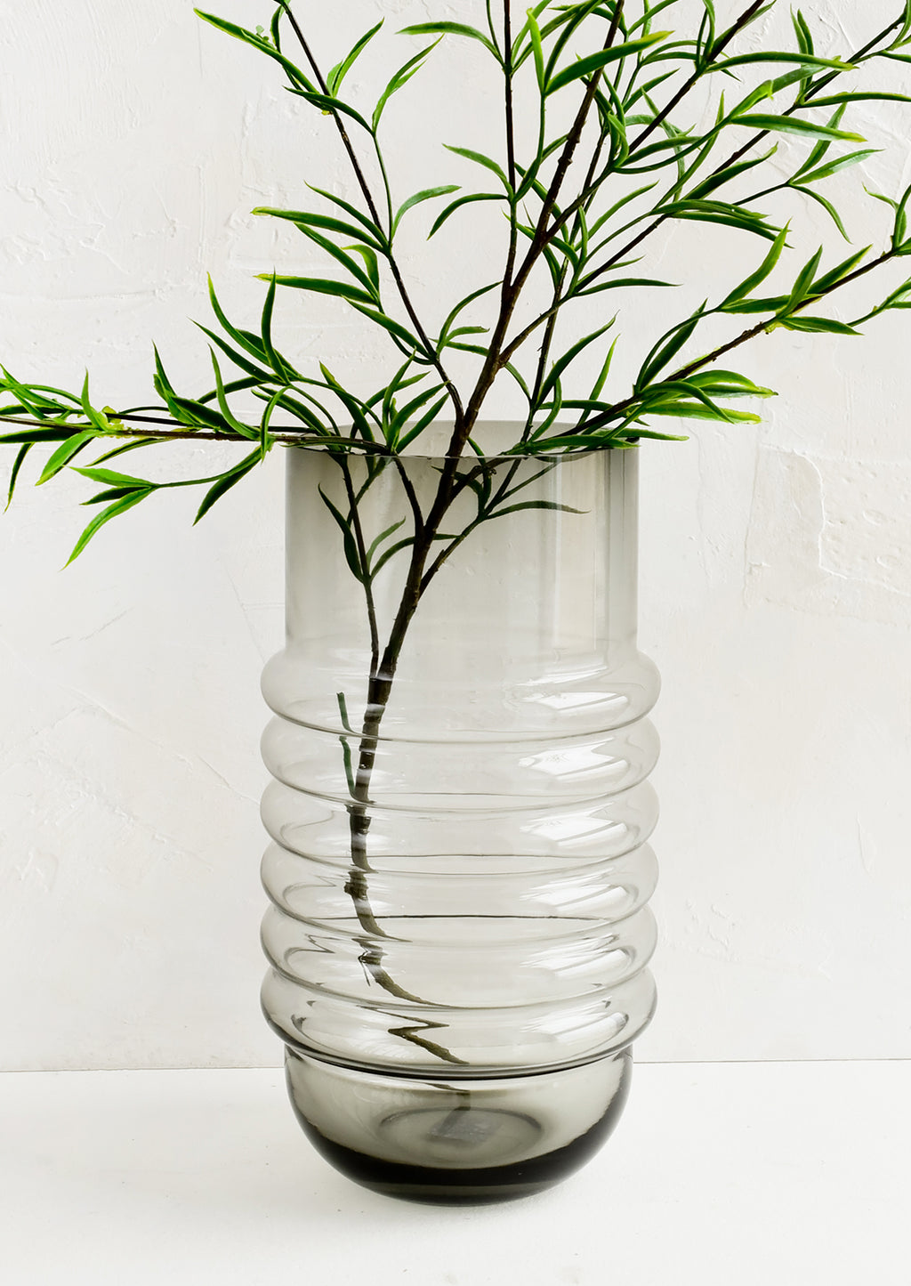 2: A tall grey glass vase with curved ribbing at middle, holding leafy branch.