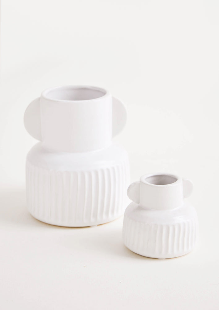 Mini: Whimsical, white ceramic vase with ribbed texture around base