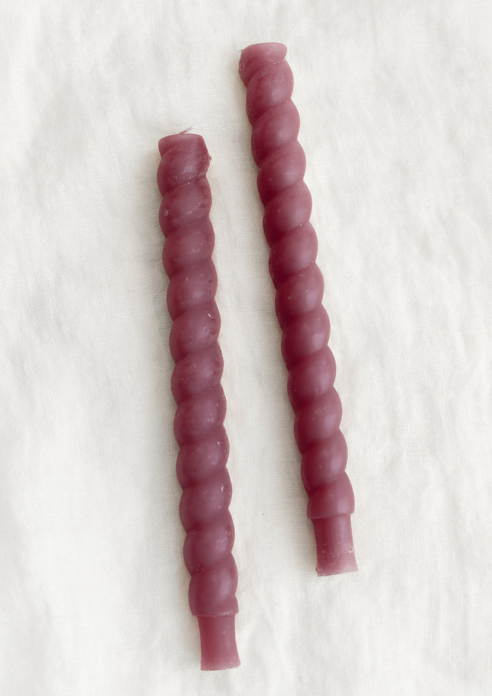 Boysenberry: Two twisted taper candles in boysenberry color.