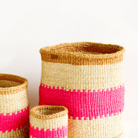 2: Woven sisal baskets in tan stripes with neon pink middle stripe