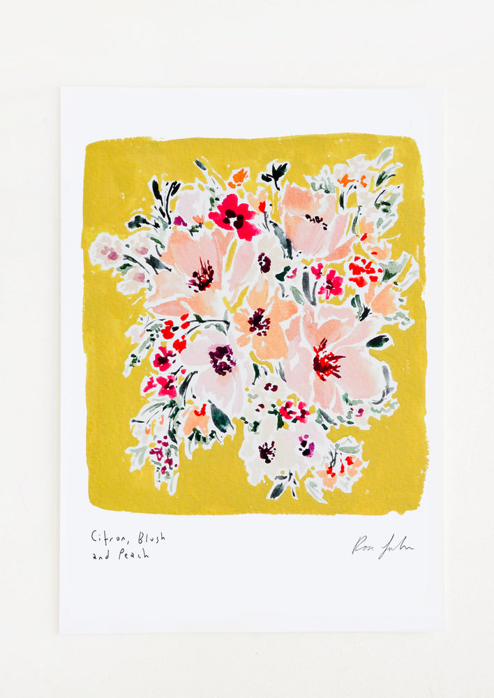A floral watercolor and gouache art print with citron yellow background.