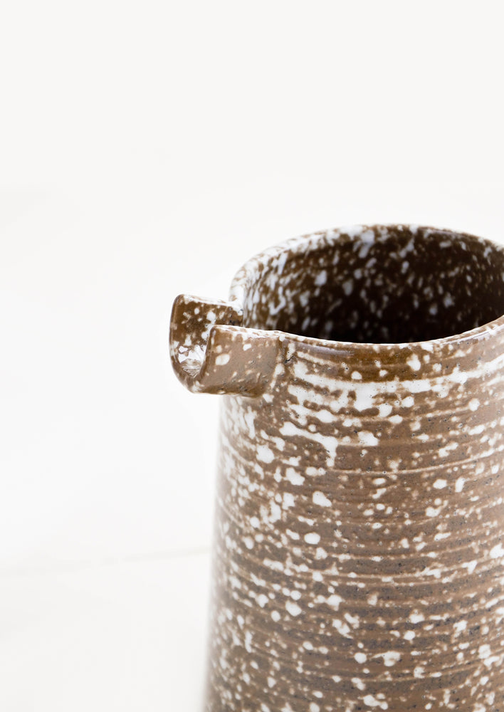 Spout Detail on Speckled Rustic Ceramic Pitcher in Brown & White - LEIF