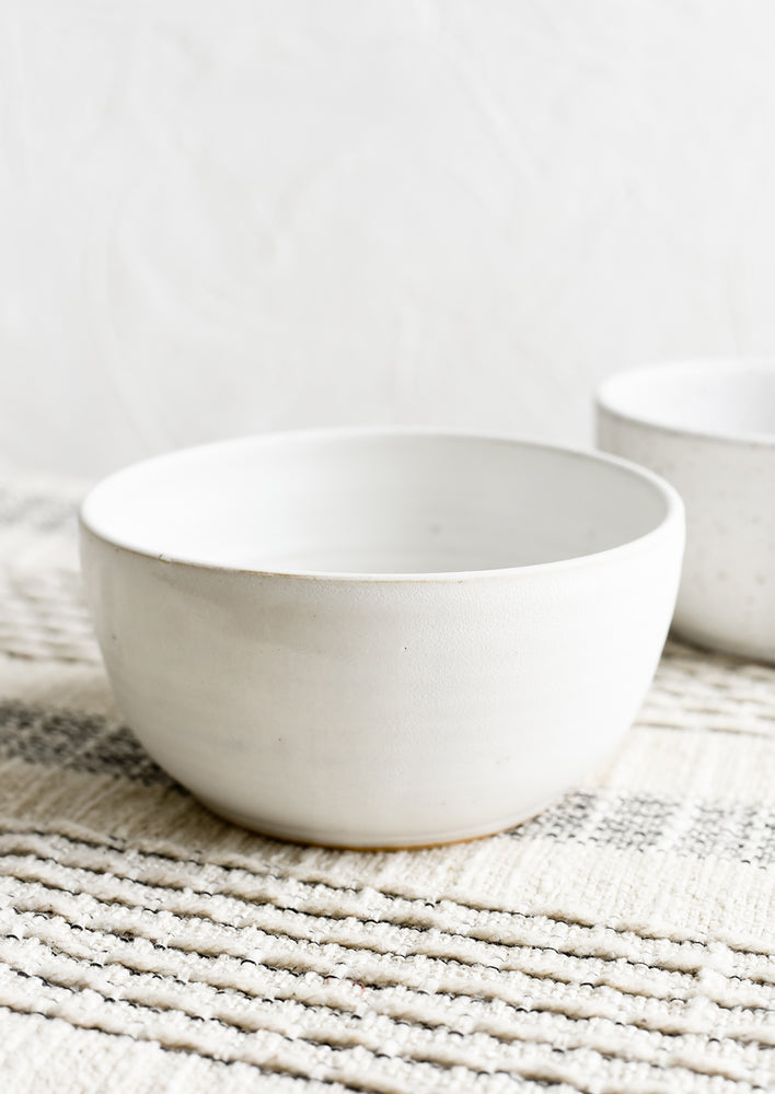 A ceramic cereal bowl in white.