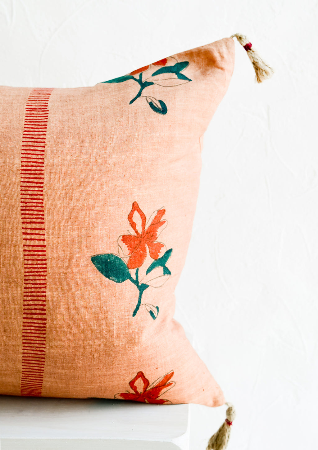 3: Block printed lumbar pillow in clay brown fabric with red flowers
