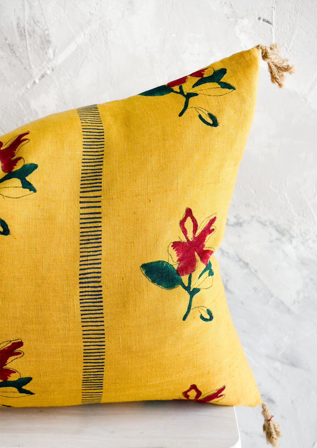 5: Linen pillow in mustard yellow with red and green block printed floral pattern