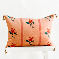 Clay Brown: Block printed lumbar pillow in clay brown fabric with red flowers