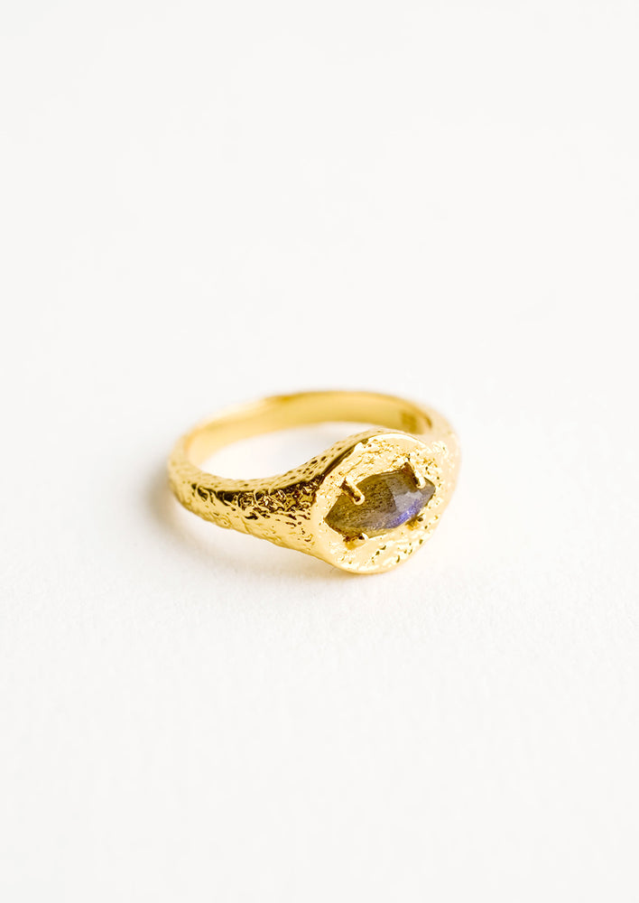 Labradorite / Size 6: Rough textured golden signet ring with horizontal, marquise cut labradorite