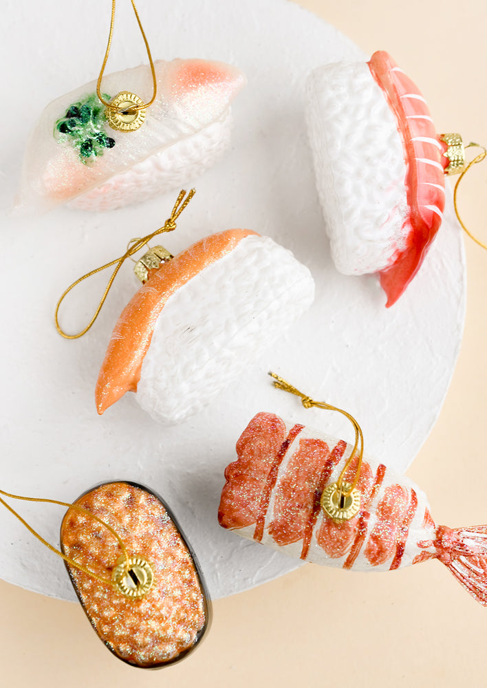 Glass ornaments of assorted sashimi.