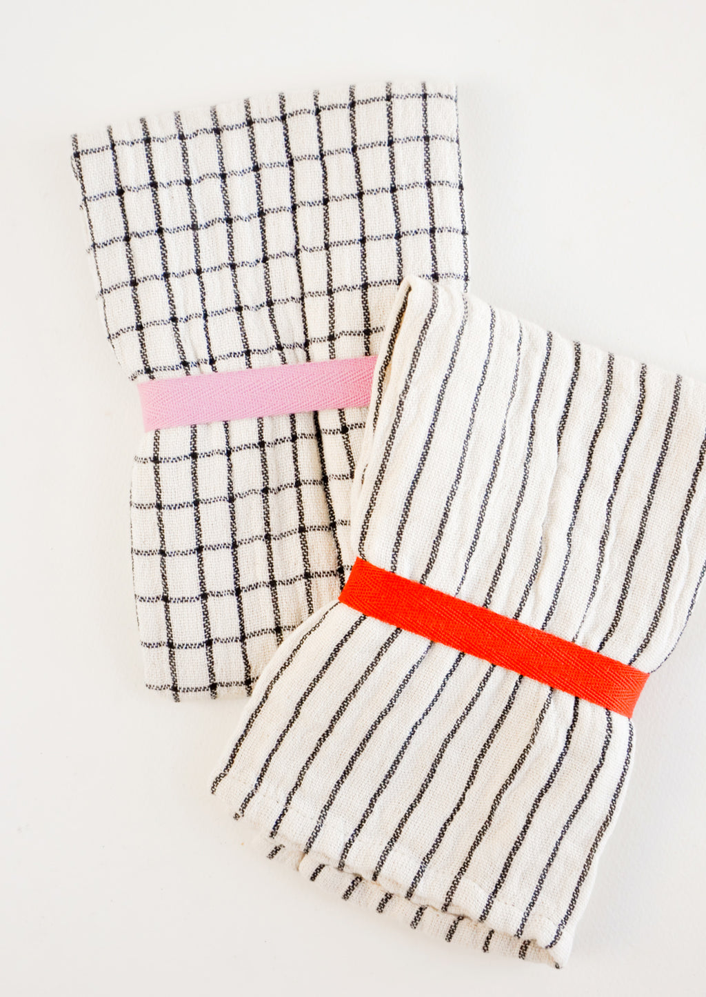 1: Gauzy cotton tea towel in white with black grid or stripes