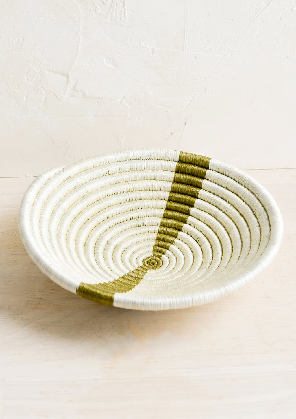 White / Khaki: A small sweetgrass catchall bowl in white with khaki stripe.