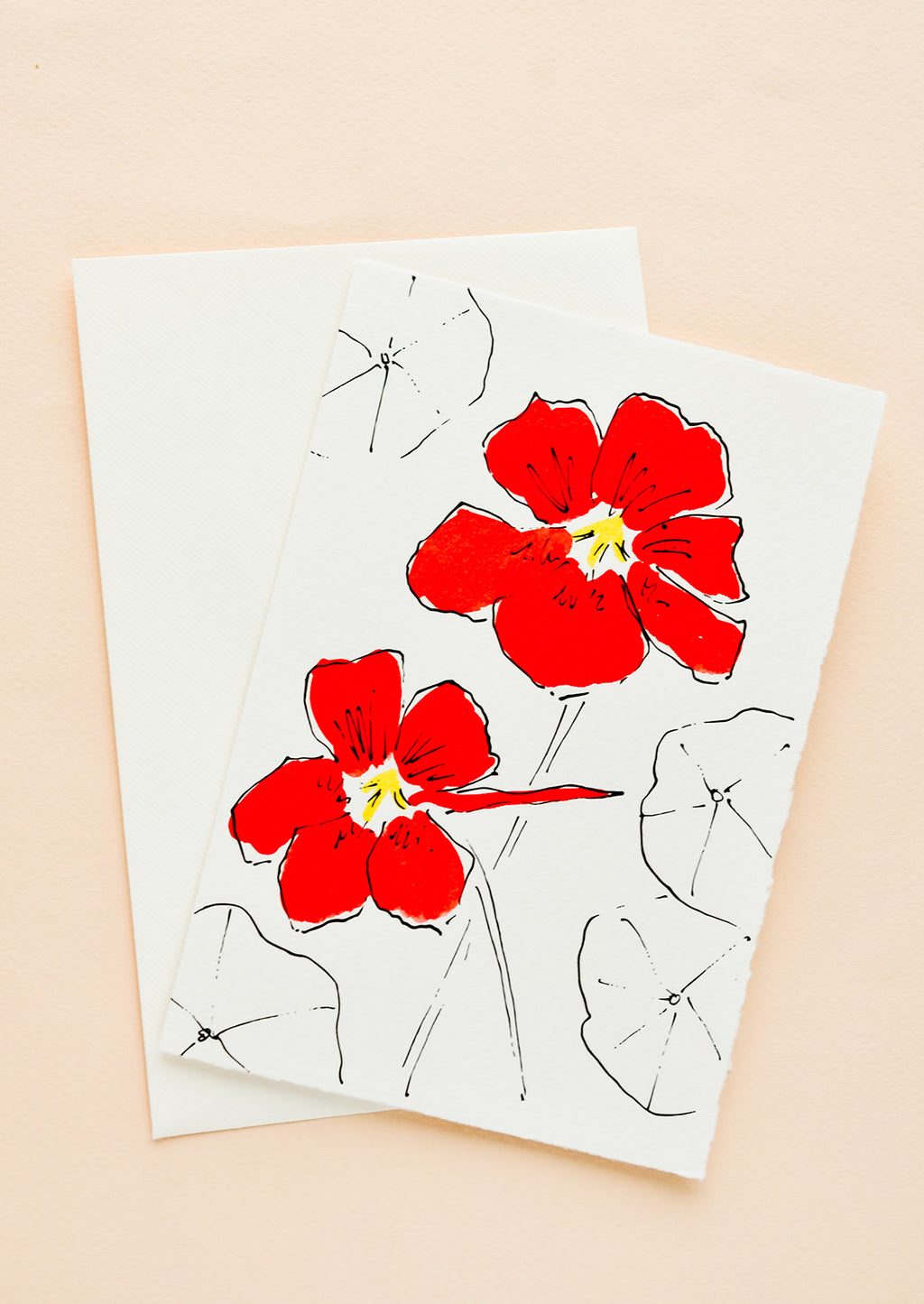 Nasturtium: A white greeting card with a hand painted illustration of red nasturnium.