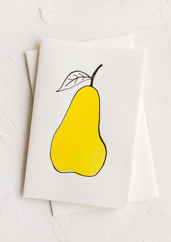 1: A greeting card with image of yellow pear.
