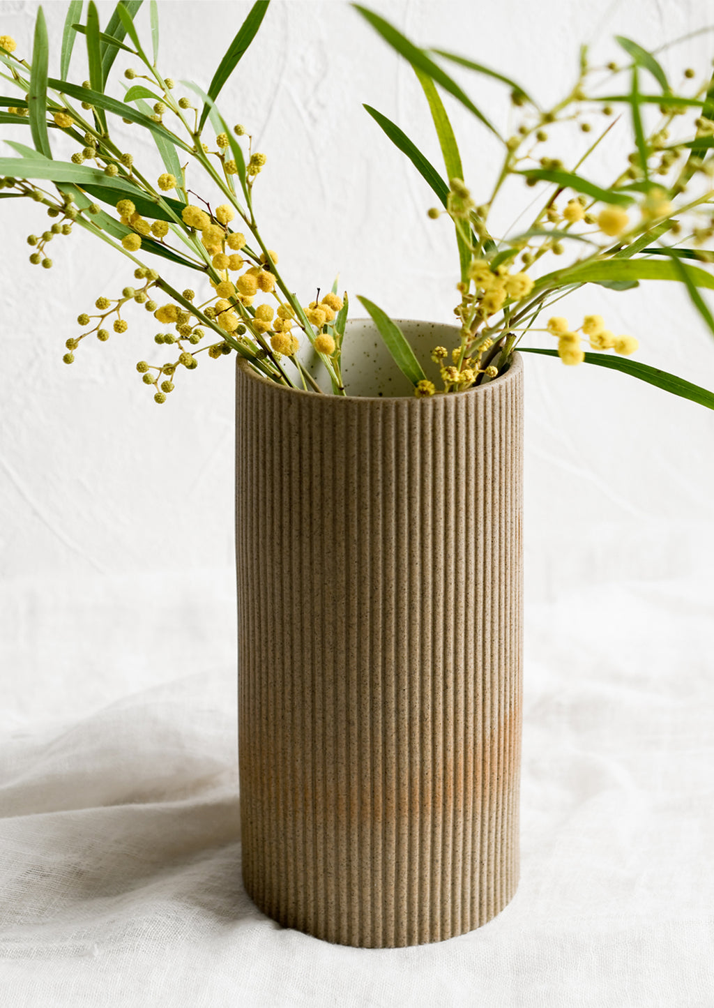 1: A sand brown cylindrical ceramic vase with mimosa flowers.