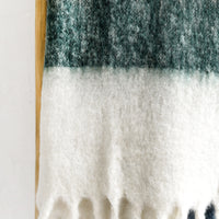 2: A plush blanket with multicolor colorblock pattern and fringe trim.