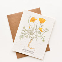 California Poppy: Notecard with drawing of a poppy flower and brown envelope.