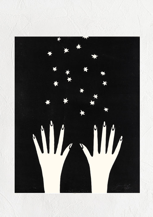 A screenprinted art print depicting two hands throwing stars.