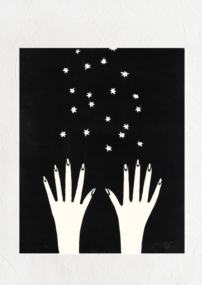 A screenprinted art print depicting two hands throwing stars.
