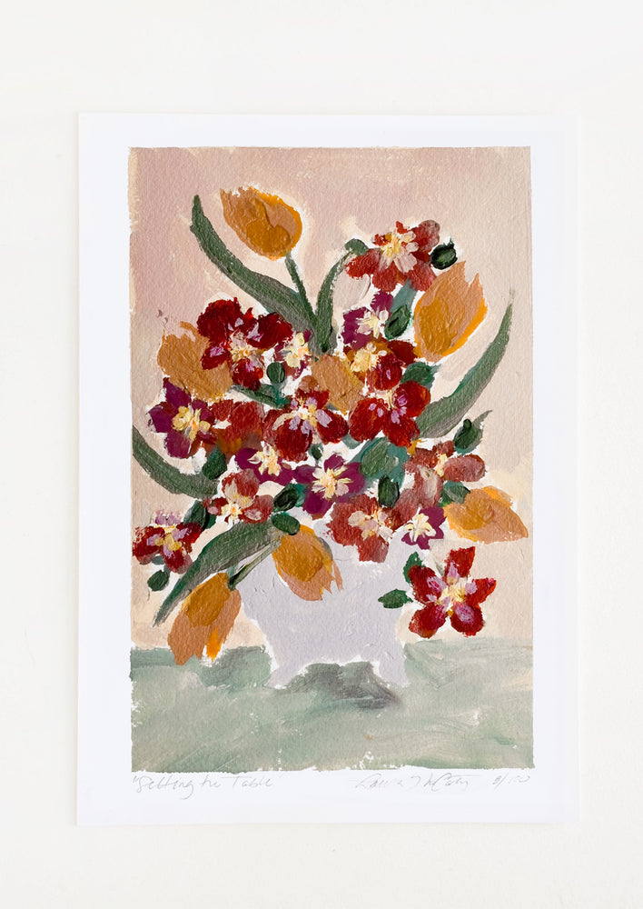 1: A still life art print of a painting showing flowers in a vase.