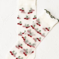 Cherry: Sheer socks with cherry print and ruffled green ankle.