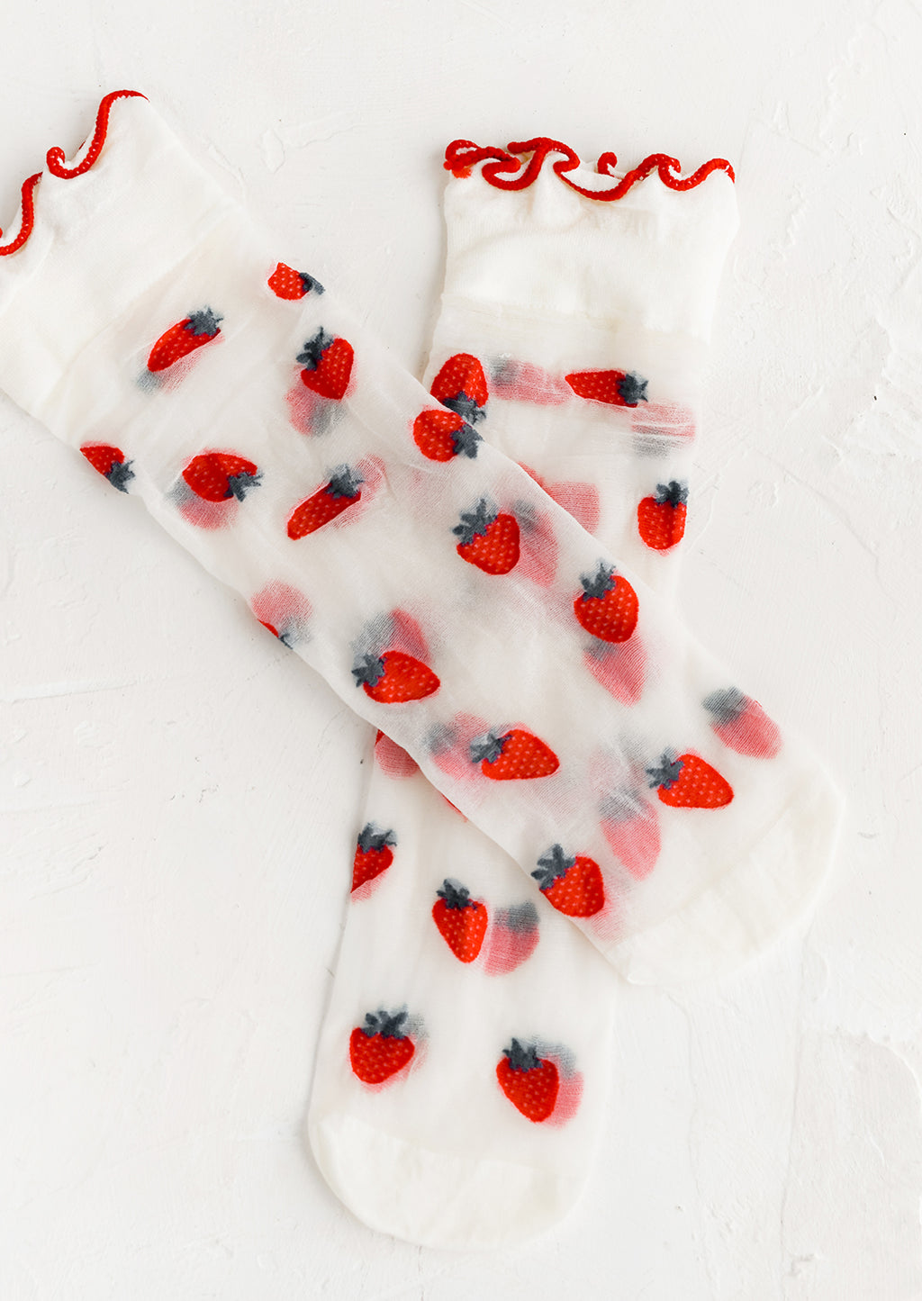 Strawberry: Sheer socks with strawberry print and ruffle red ankle.