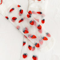 Strawberry: Sheer socks with strawberry print and ruffle red ankle.