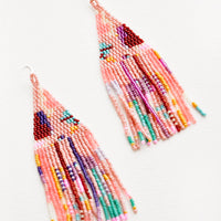 1: Pink fringe beaded earrings with irregular sections of blue, green, purple, maroon, yellow, and orange. 