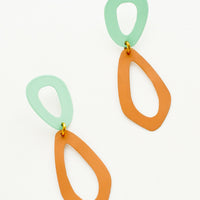 Dark Peach / Aqua: Two toned figure eight drop earrings in mint and mustard. 