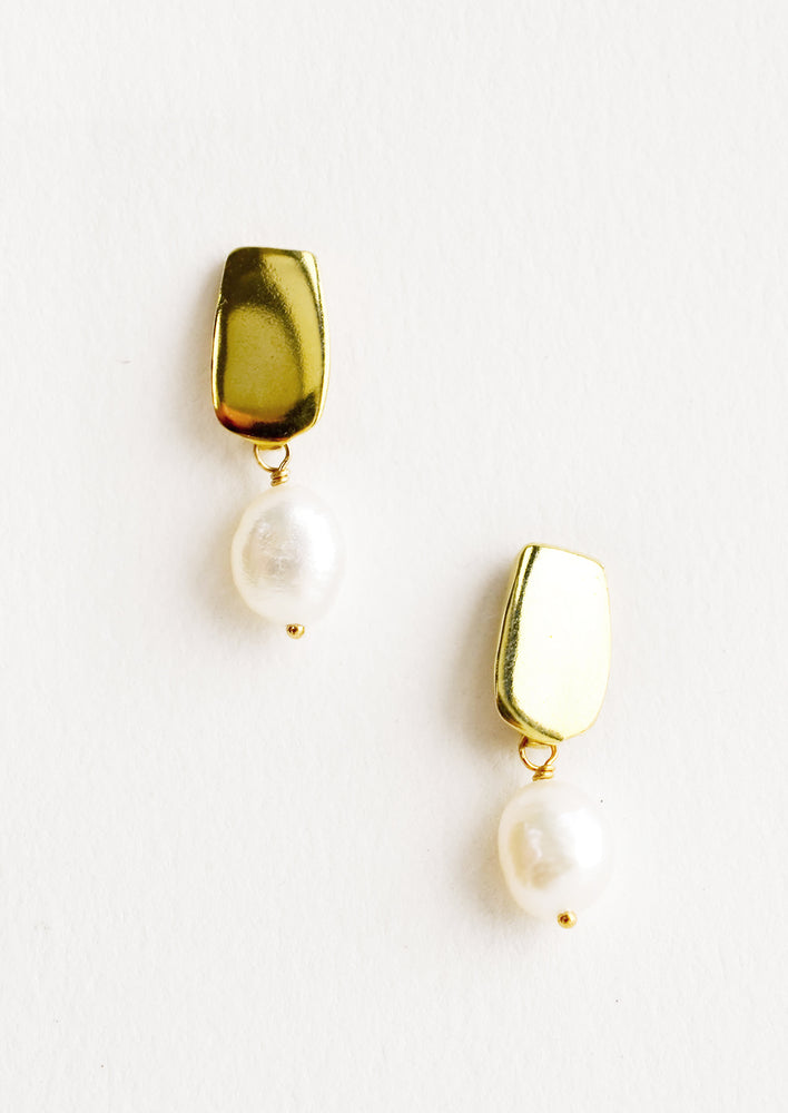 Earrings with a rectangular gold post and small pearl drop. 