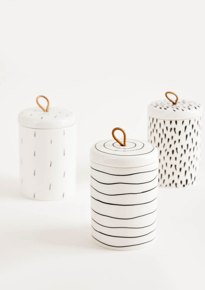 Sketchwork Ceramic Jars with Leather Tie - LEIF