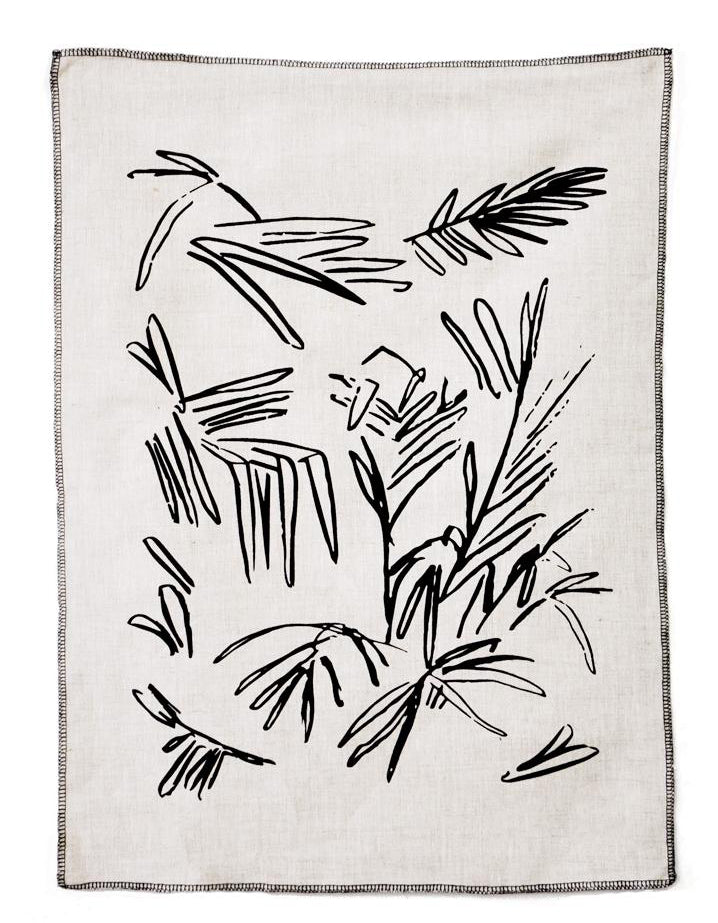 Natural / Black: Screen Printed Palm Leaf Linen Tea Towel - LEIF