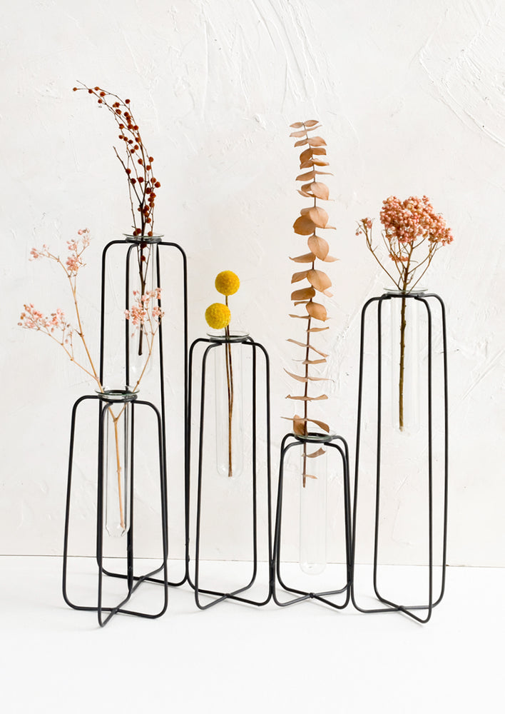 A black metal frame with five glass vial vases.