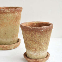 Small: Two rustic, heavily textured terracotta clay planters in a small and medium size with saucer.