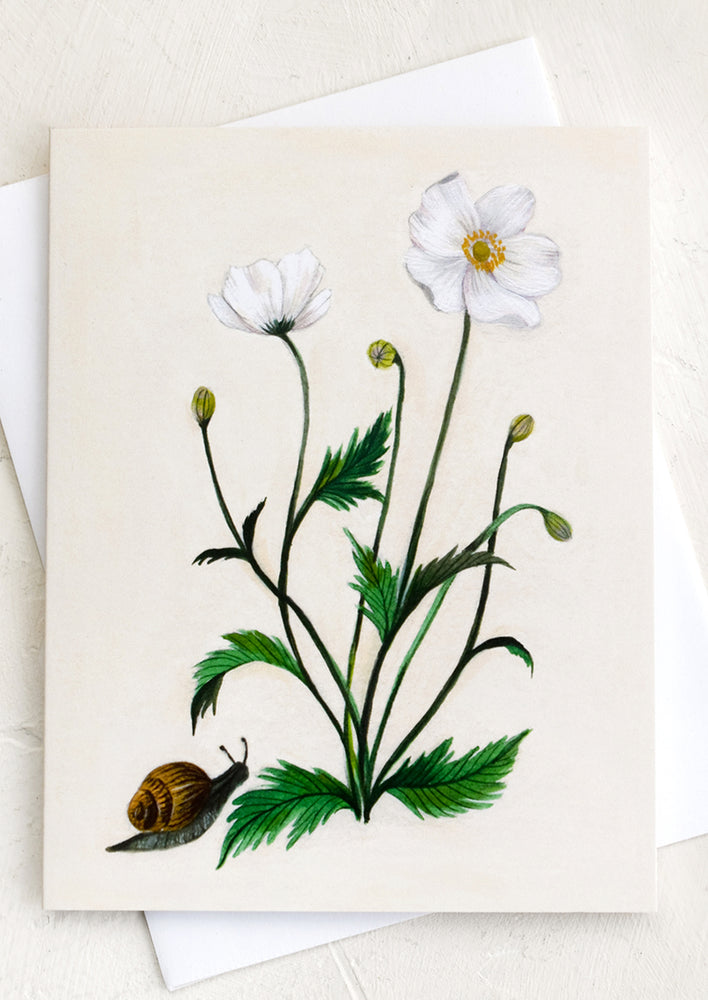 An illustrated greeting card with snail next to anemone flowers.