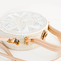 2: Round woven rattan bag with natural leather handle and strap
