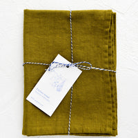 Lichen: A folded green linen tea towel tied in baker's twine with a decorative hangtag.