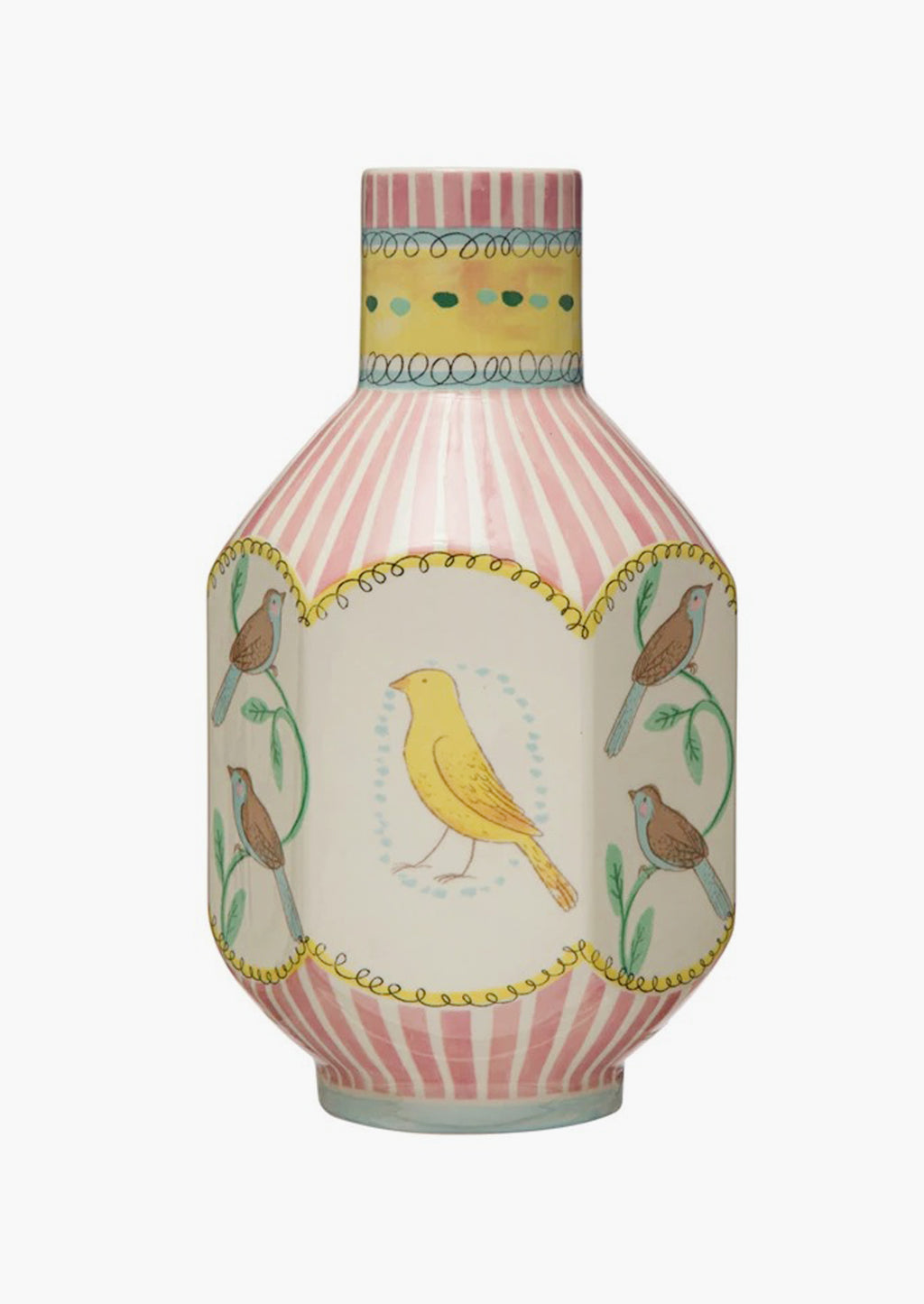 2: A graphic print vase with pink stripes and three-dimensional shape with bird motif.