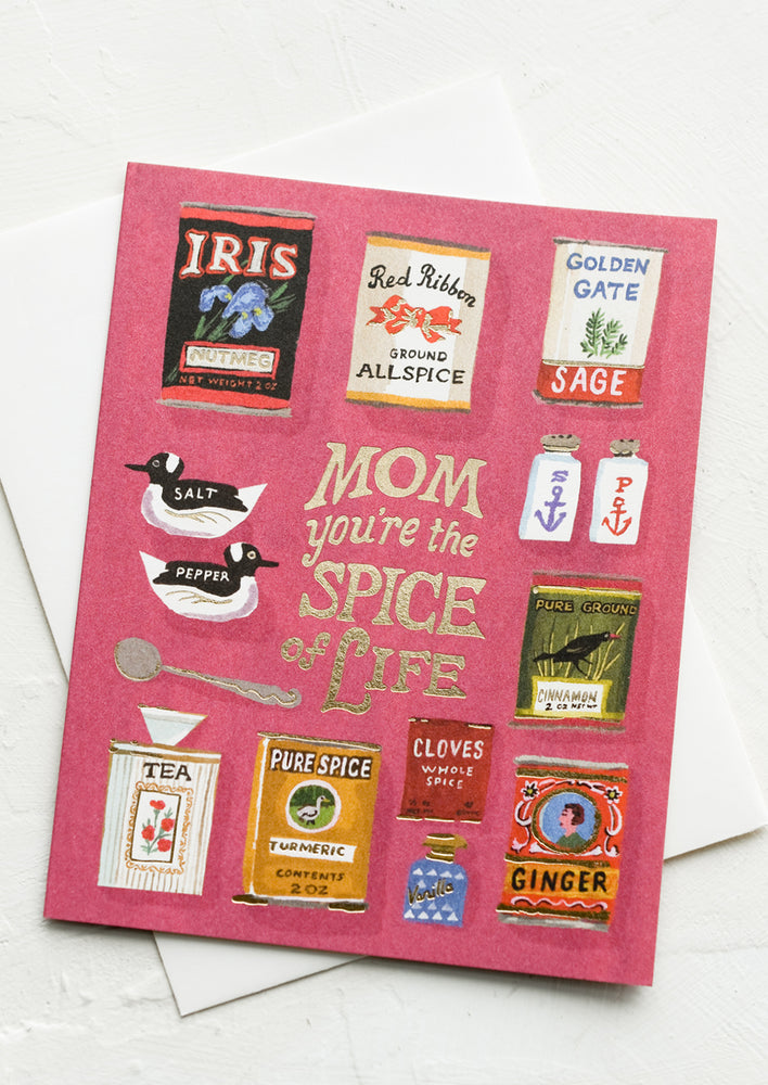 A greeting card with illustrations of spice canisters, text reads "Mom, you're the spice of life".