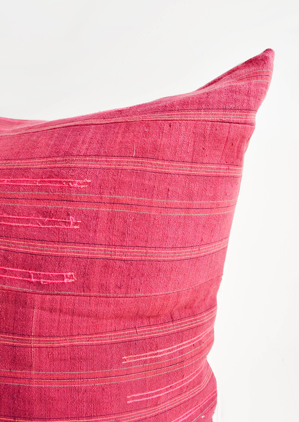 2: Detail of Wine Colored Recycled Thai Fabric Square Throw Pillow with Hot Pink Embroidery Detailing