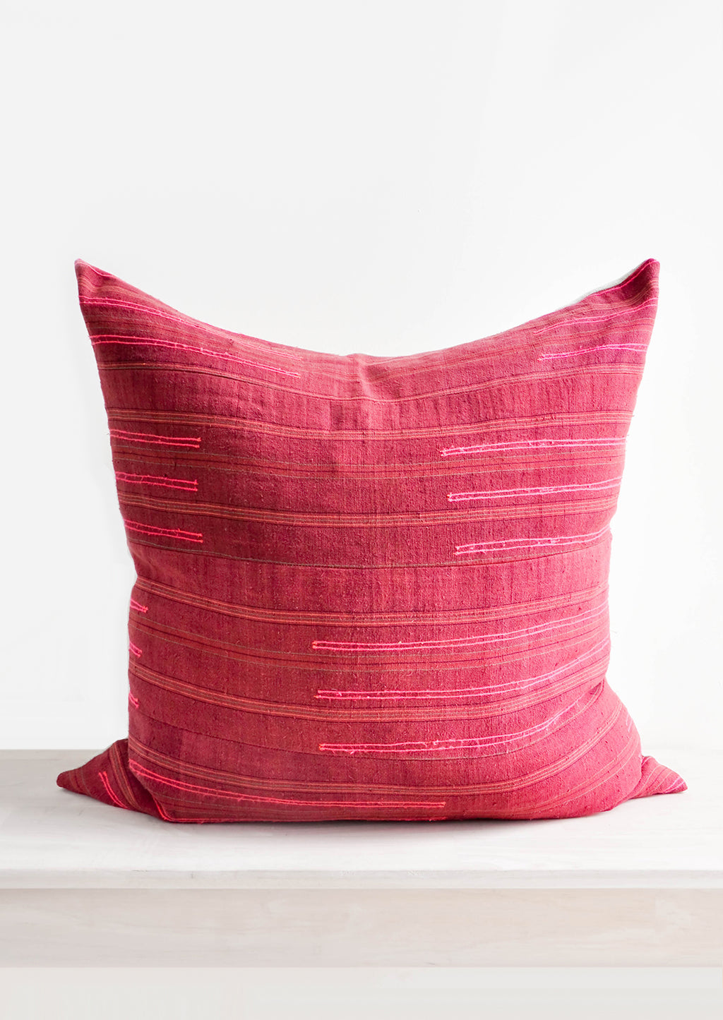 1: Wine Colored Recycled Thai Fabric Square Throw Pillow with Hot Pink Embroidery Detailing