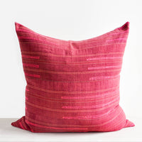 1: Wine Colored Recycled Thai Fabric Square Throw Pillow with Hot Pink Embroidery Detailing