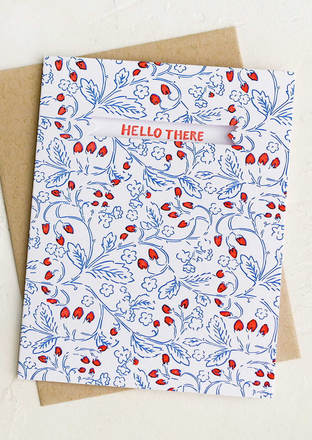 1: A card with blue and red strawberry print and text reading "Hello there".