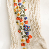 4: A pair of oatmeal colored socks with primary color strawberry print.