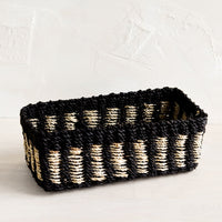 Black / Natural / Small: A structured rectangular storage basket in black with tan dashes.