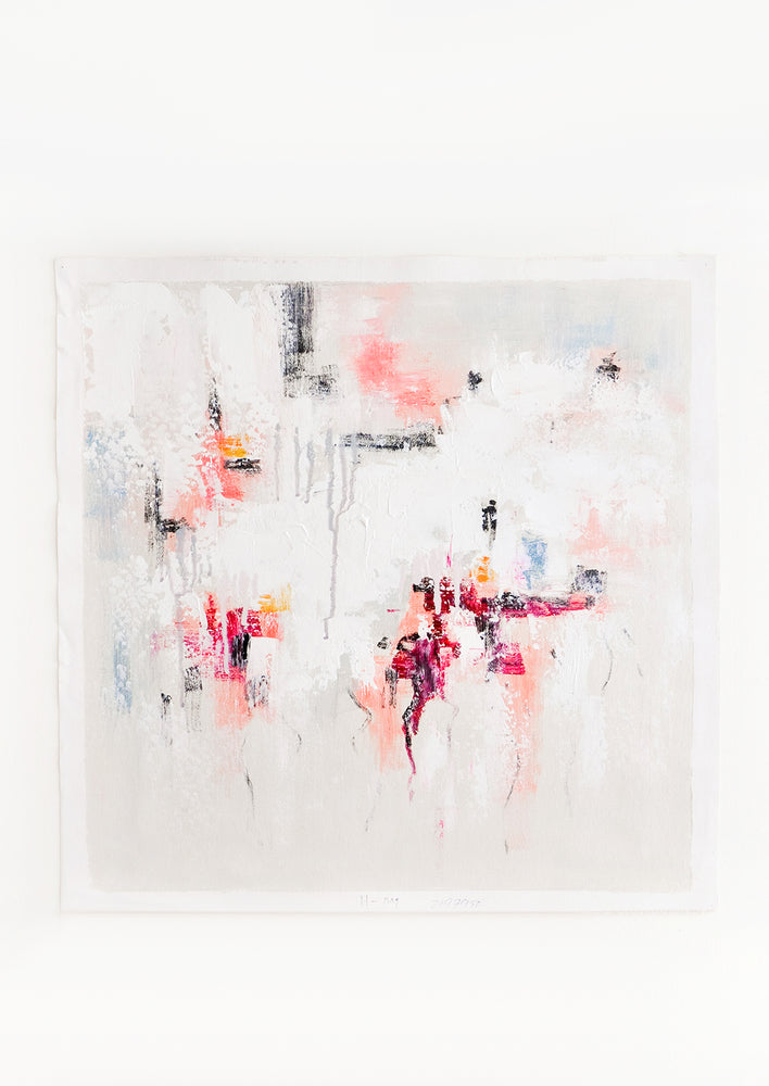 1: An abstract painting in white with textured strokes in grays and pinks. 