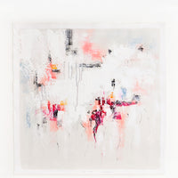 1: An abstract painting in white with textured strokes in grays and pinks. 