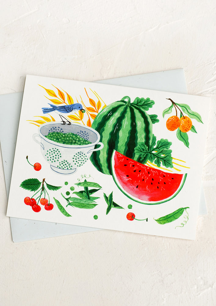 1: A card with illustration of summer produce.
