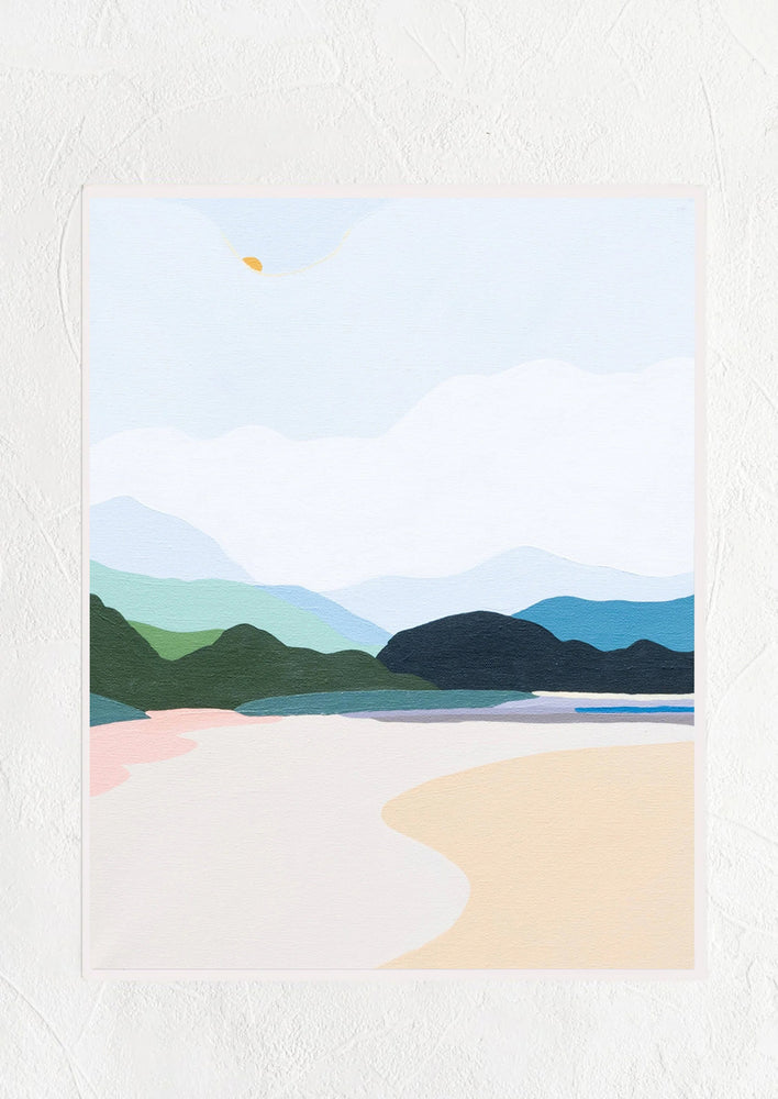 An art print of a colorful beach and mountain scene with a sun rising above.