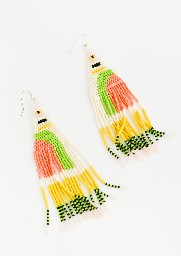 2: Ivory, lime green, pink, yellow, and black beaded fringe earrings on silver ear wire.
