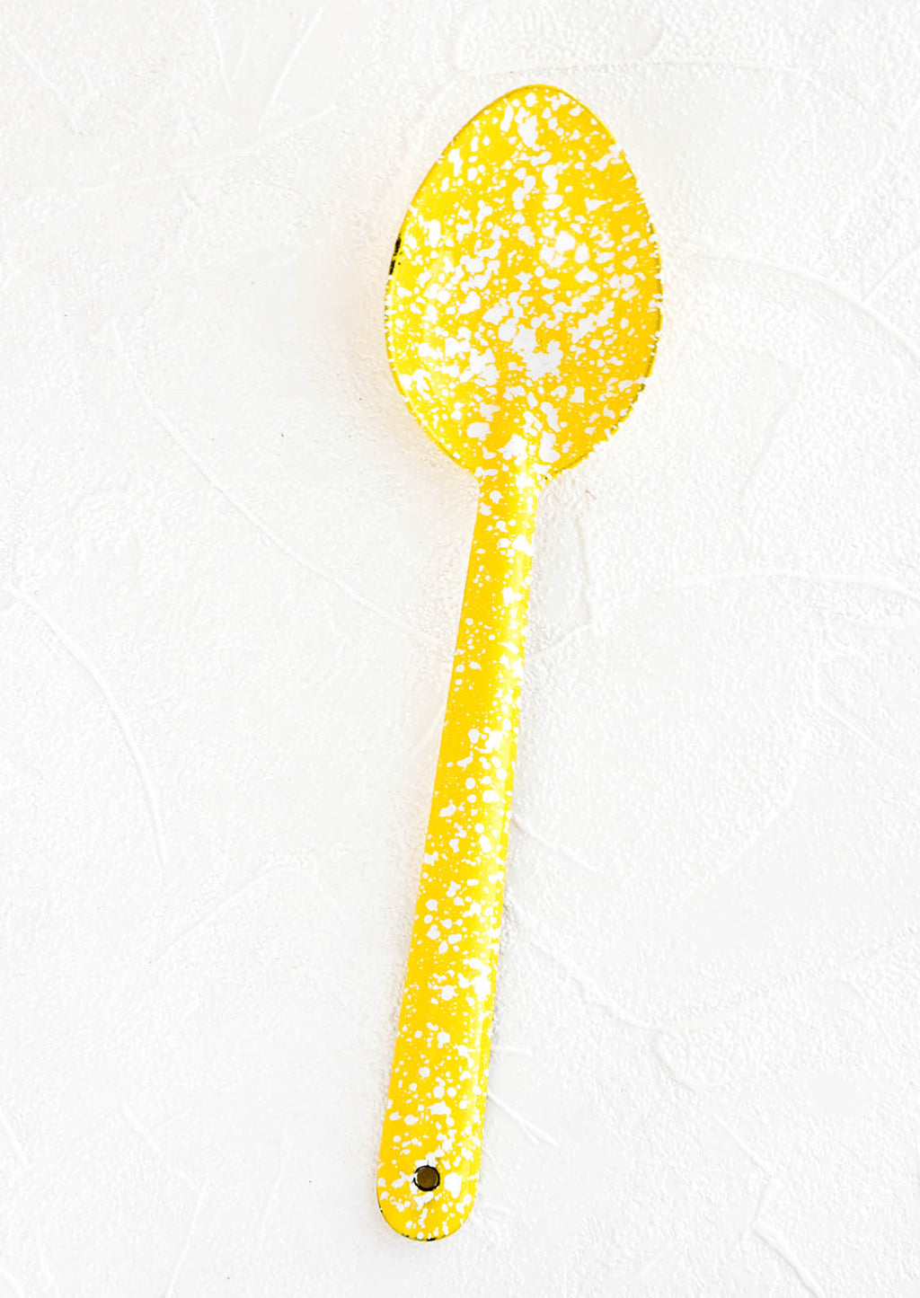 1: Enamel coated metal spoon in yellow and white splatter print