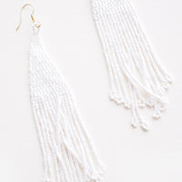 Iridescent White: True white iridescent beaded fringe earrings. 